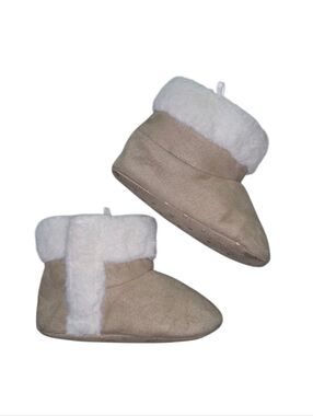 Janie and Jack Cream Suede-Look Baby Booties with Faux Fur Cuff And Lining 12-18